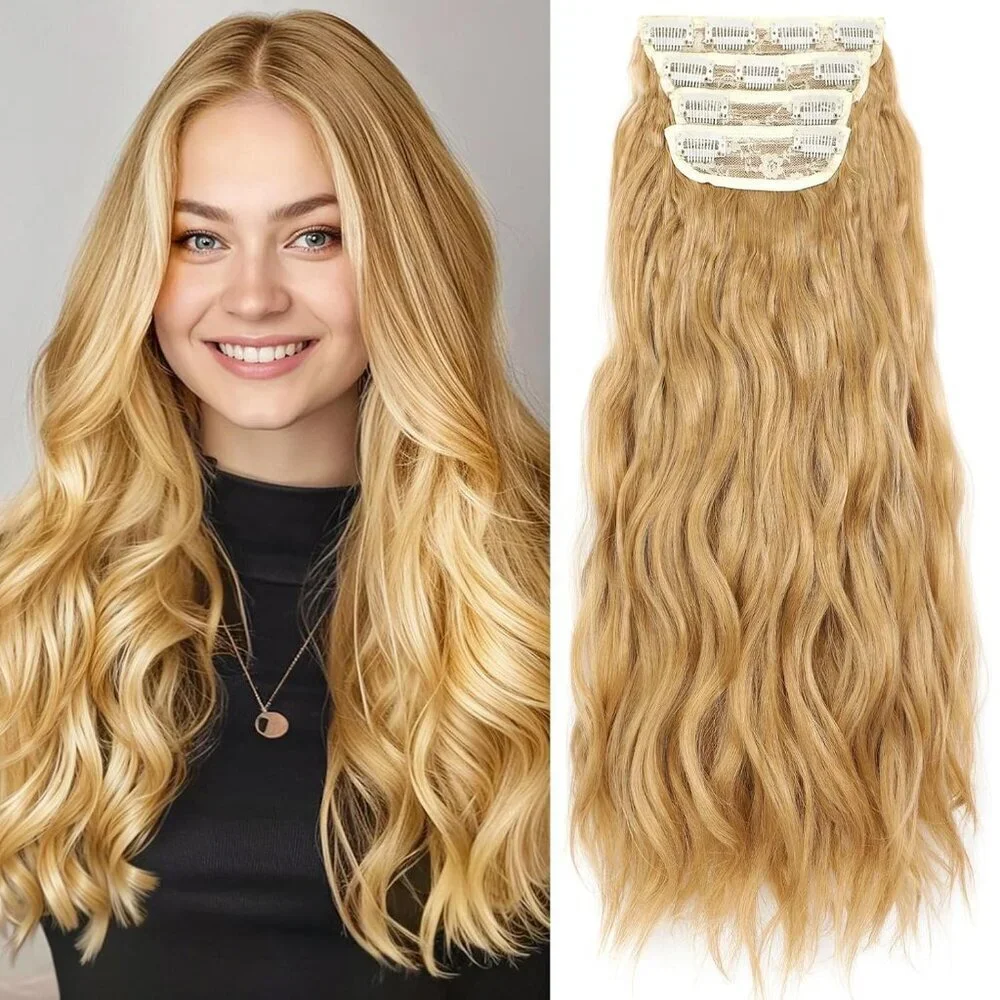 Clip In Hair Extensions Synthetic Curly Wave 20 Inch 4 Pcs Natural Look